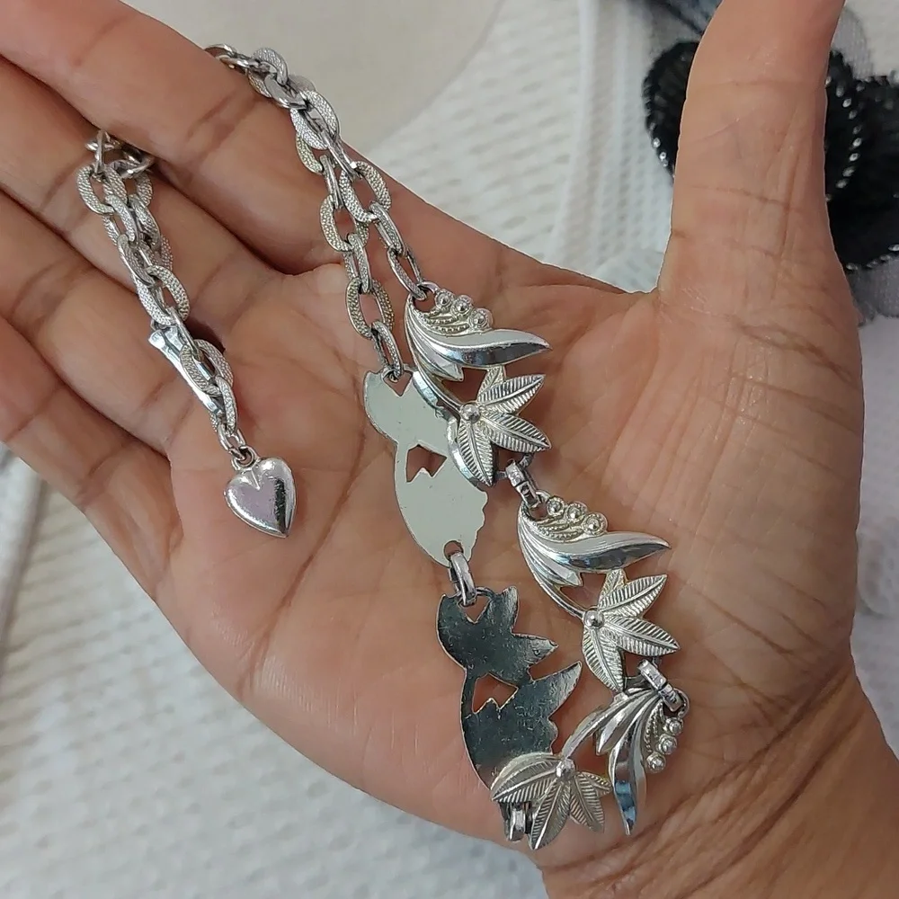 Vintage Signed Germany Multi Texture Silver Tone Leaf Vine Choker Necklace - Picture 6 of 8
